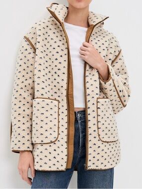 MAREA Cream Teddy Jacket with Navy Dot Pattern and Brown Trim